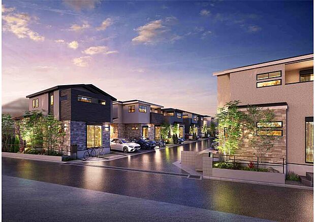 【【灯かりのいえなみ協定】】暗くなると各邸の門灯やブランケット灯が自動で点灯し、街並を美しくライトアップ。
※掲載のパースは、図面を基に描き起こしたもので実際とは多少異なります。