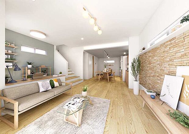 【【3号棟※イメージ】】【ひとつ上に見晴らしの良いステージがある家】
小上がりのテキスタイルフロア空間をリビングの一角に設えることでゾーニング。