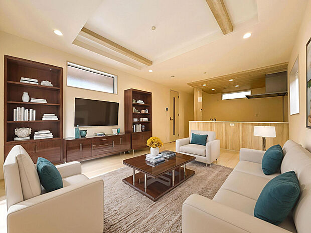 1号棟　LDK　16帖のゆったりLDK！折り上げ天井、ニッチなど設備も充実した快適なリビング空間！※家具等をCGで加工しています。※家具付き販売ではありません