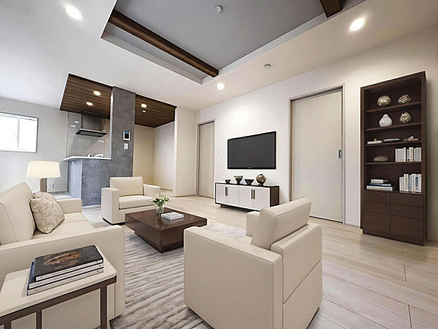 4号棟　LDK　19.37帖のゆったりLDK！折り上げ天井、ニッチなど設備も充実した快適なリビング空間！※家具等をCGで加工しています。※家具付き販売ではありません