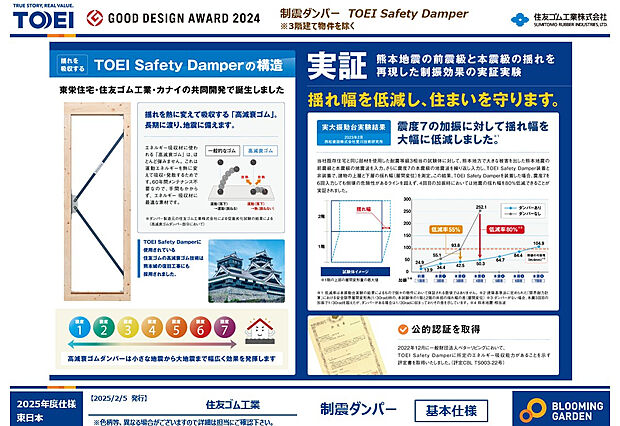 【【制振ダンパー】】公的認証を取得した制振ダンパーです。建築基準法に定められた「数百年に一度発生する地震に対して倒壊・崩壊しない。」 という基準からさらに1.5倍の耐震力を達成しています。