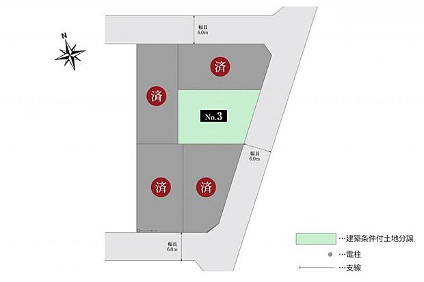 全体区画図 全区画55坪以上の整形地で様々なプランニングが可能。まちなみガイドラインで整った景観を目指します。