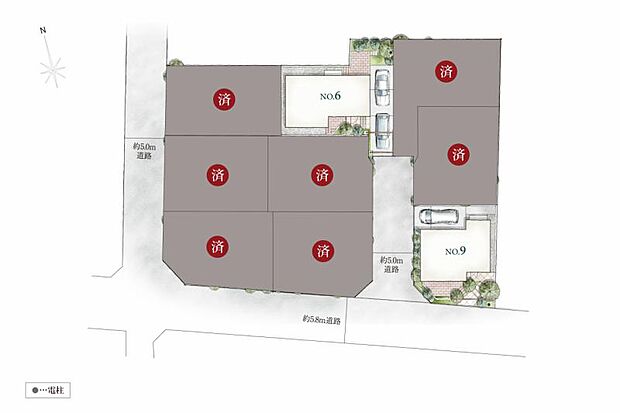 全体区画図　隣り合う邸宅とシームレスにつながりつつ、心地よい距離感を演出する全9区画。街並みを意識しながら様々な趣向を随所に凝らしております。