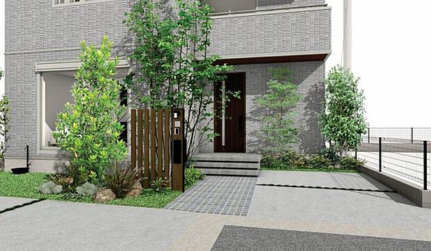 No.7_外観パース1 美しい植栽とゆとりある外構が、邸宅の風格を演出。※画像はすべてCGです。