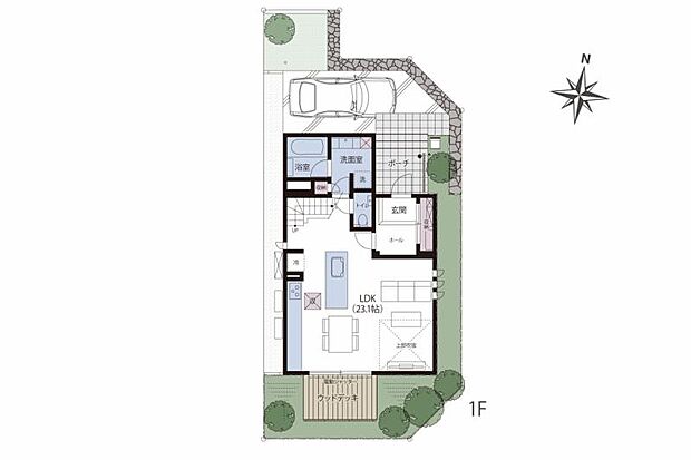 No.1_間取り図1階　吹抜のある23.1帖のLDKは開放感あふれる大空間。家事動線にも配慮し、使いやすいキッチンで日々の家事が楽しくなります。