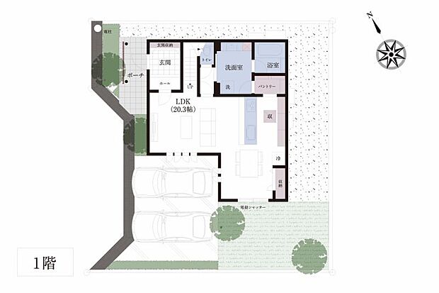 No.8_間取り図1F　家事動線を意識した洗面室とパントリーとキッチンが繋がっている間取りです。
