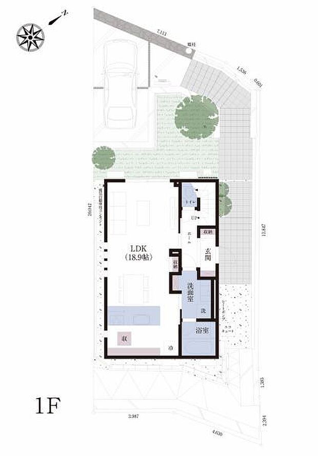 No.7_間取り図1F　玄関からもキッチンからも洗面脱衣室へスムーズにつながる、毎日の家事や生活を快適にする動線設計。