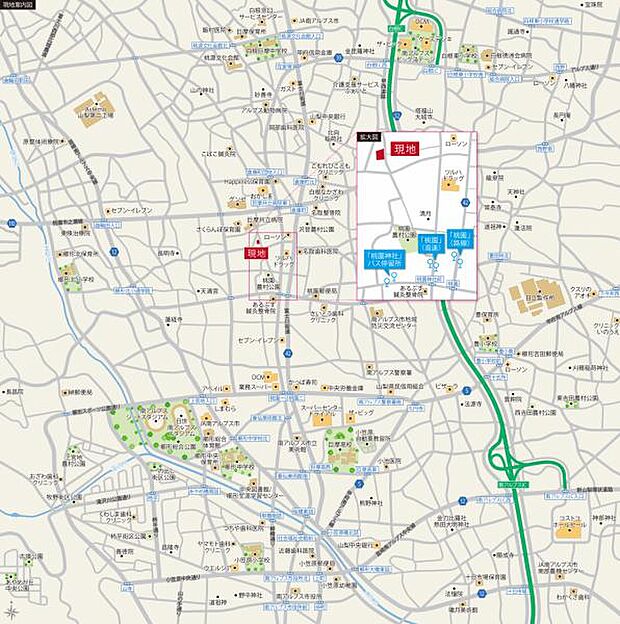 山梨交通「桃園神社前」、「桃園」バス停が徒歩圏内。各方面へのアクセスも便利です。