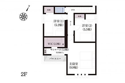 No.13_間取り図2F　サンルームや室内物干しスペースを備え、天候を気にせず洗濯ができる家事ラク設計。 