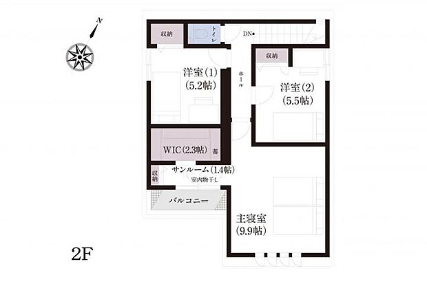 【3LDK】No.13_間取り図2F サンルームや室内物干しスペースを備え、天候を気にせず洗濯ができる家事ラク設計。