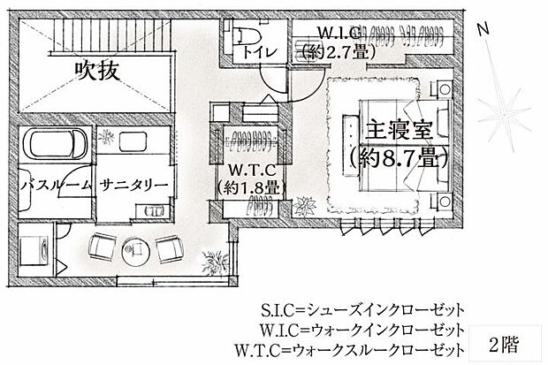 【1ＬＤＫ】No.6_2階間取り図　広々とした主寝室には大容量のW.I.C。サニタリーへの動線も洗練されたデザインです。