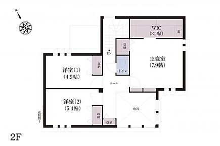 No.2_間取り図2F　主寝室＋ウォークインクローゼット、2つの洋室を配置。吹抜けを介して家族のつながりを感じられる2階プラン 