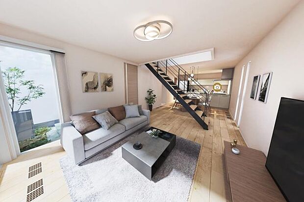 【No.2_LDK1（内観イメージ）】広々としたLDKの中心にはクラフトアイアンのオープン階段。いつも家族の顔が見られる間取りです。※画像はすべてCGです。