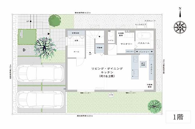 【3ＬＤＫ】No.3_間取り図1F　家事動線に優れ、南向きリビングで明るく快適な1階プラン。