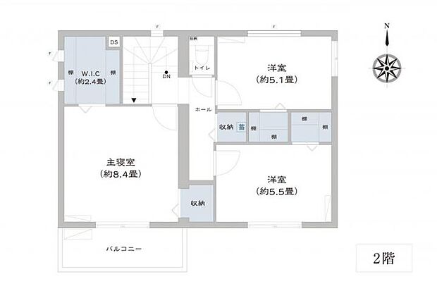 【3ＬＤＫ】No.3_間取り図2F　ウォークインクローゼットや各所収納が充実した、整理整頓がしやすい間取り。