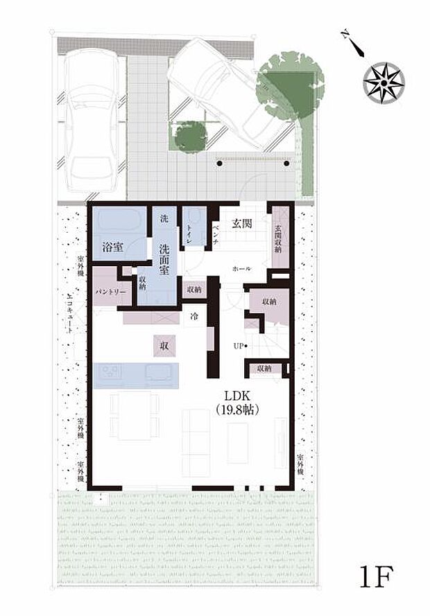 【3ＬＤＫ】No.1_間取り図1F　パントリーをはじめ各所に収納を設置。使い勝手を考えた19.8帖のLDKです。
