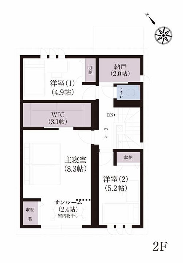 【3ＬＤＫ】No.1_間取り図2F　8.3帖の主寝室にはサンルームとウォークインクローゼットを併設。家事スペースとしても活躍します。