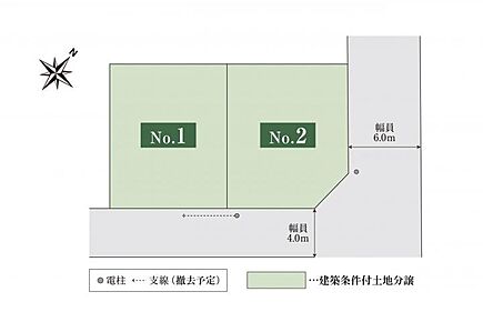 全体区画図　角地を含む敷地約34坪の整形地［全2区画］。 