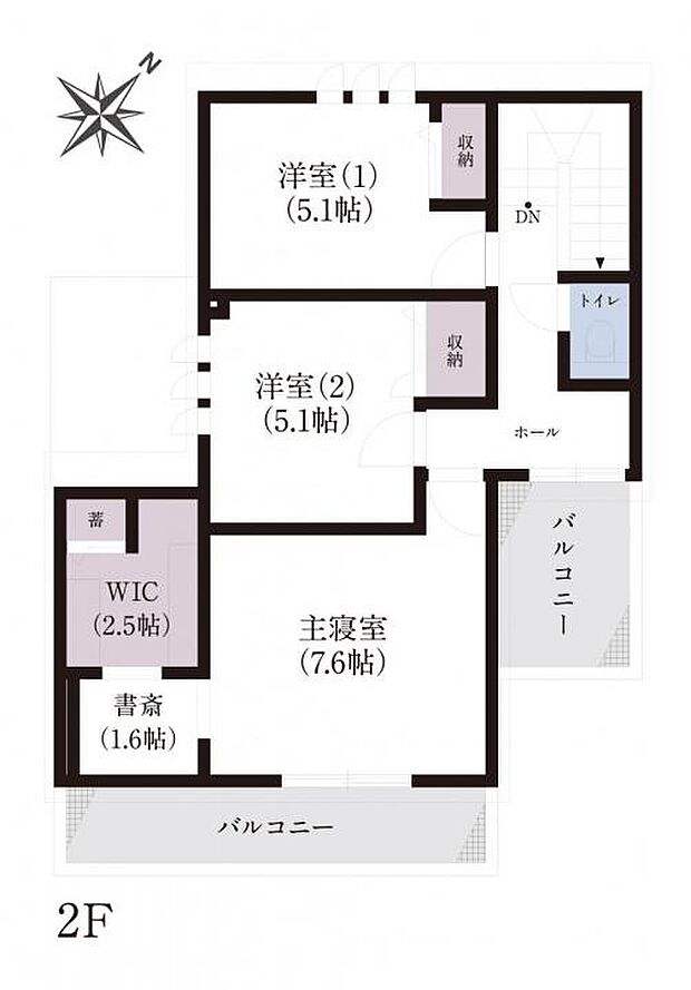 【3LDK】No.24_間取り図2F 主寝室にはWICと書斎を設置。仕事も趣味も自分らしく楽しめるプライベート空間です。