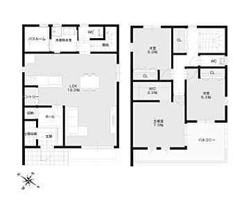 ◎玄関に土間収納と収納を横並びで配置。靴や雨具など、お出掛け用品をまとめて保管しておくことができます。
◎1階LDKは対面キッチンとダイニングを横並びで配置。南西側の大きな窓からリビングへたっぷり陽光が届きます。
◎リビングスルー階段前には引戸を設け、暮らしのシーンやライフスタイルにより閉めることも可能。
◎キッチン近くに水回りを集約し、家事が効率良く捗ります。
◎2階主寝室は約7.3帖。バルコニーへ出入りができ、アウトドアも楽しめます。
◎駐車スペースは並列2台分です(車種による)。 