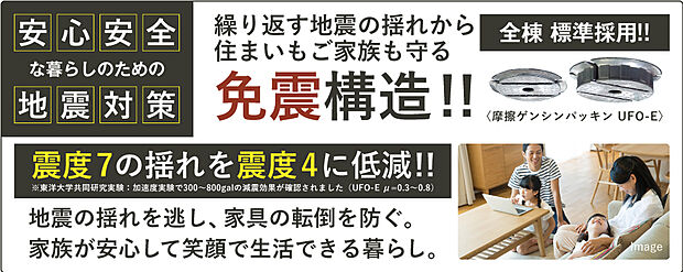 【免震構造】◇繰り返し地震に効果があることが実証された免震構造を採用。地震の揺れを建物に伝えにくくすることで、建物の損壊だけでなく家具の転倒を防ぎ、繰り返す地震のリスクを大幅に軽減します。