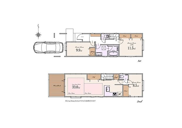 【2LDK+1S】建物面積:100.28m2(車庫面積約10.15m2含む)