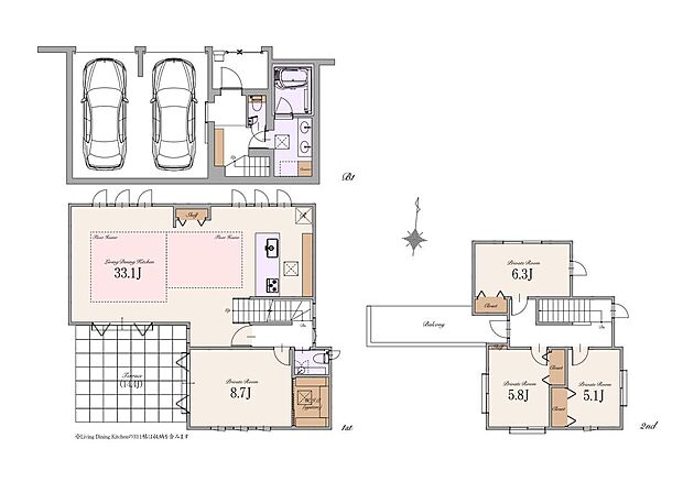 【建物参考プラン】土地価格:15,990万円 建物参考プラン価格:7,000万円(税込) 総額:22,990万円(税込) 土地面積:約144m2 建物面積:約177m2(車庫面積約35m2含む)