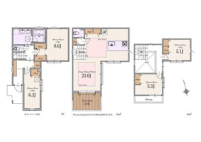 建物面積：125.24m2(ポーチ部分4.31m2・バルコニー4.76m2含む)
土地面積：93.20m2（建築確認申請上の控除面積2.09m2含む） 