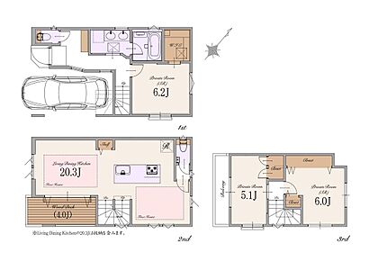 建物面積：108.08m2(車庫11.11m2・バルコニー1.80m2を含む)
土地面積：62.57m2(越境除外あり) 