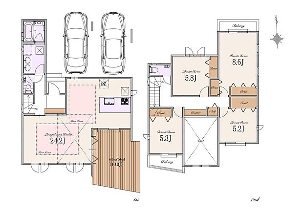 【4LDK】建物面積:138.31m2(車庫面積:19.63m2、ポーチ部分:3.76m2含む)
土地面積:135.04 m2(建築確認申請上の控除面積2.44m2含む)