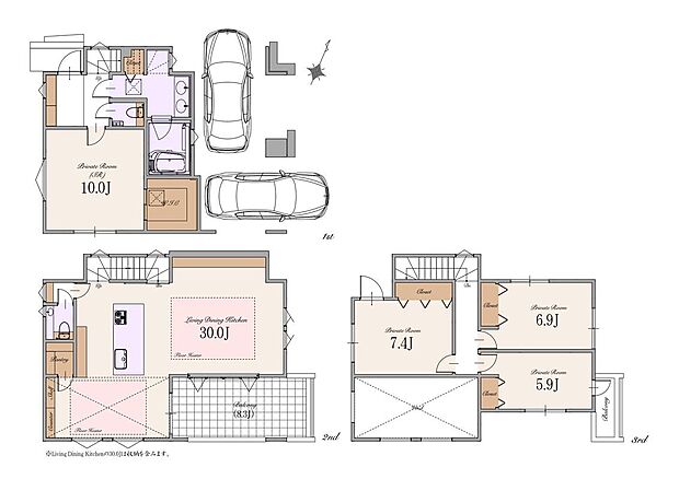 【3LDK+S】建物面積:176.96m2(車庫面積28.70m2・外部面積、バルコニー、その他部分9.26m2含む)
土地面積:99.07m2(東京都建築安全条例による隅切り部分0.80m2含む)(建築確認申請上の控除面積0.28m2含む)
