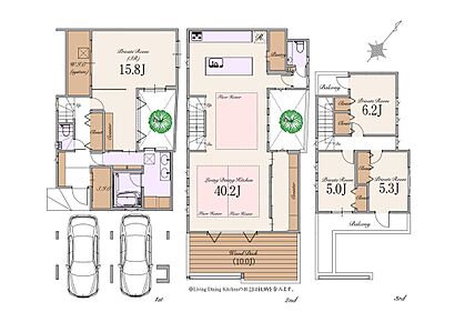 建物面積：198.96m2(車庫面積22.82m2・屋外面積6.45m2含む) 