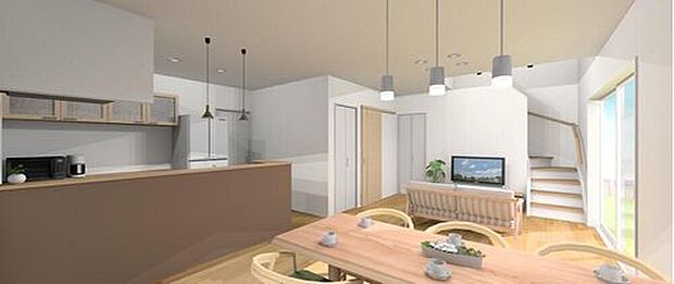 【建物プラン例【キナリLDKイメージ】】建物価格　2300万円
建物面積　96.53m2
間接照明が各所に設置され、洗練されたインテリアのLDKです。
キッチンは吊戸棚が無く、ダイニングから見てすっきりとした印象です。