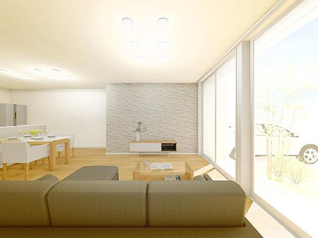 【建物プラン例【人気の平屋プランLDKイメージ】】建物価格　2300万円
建物面積　92.74m2
21帖の広々としたLDKです。大きな窓からの光が部屋全体を明るく包みます。