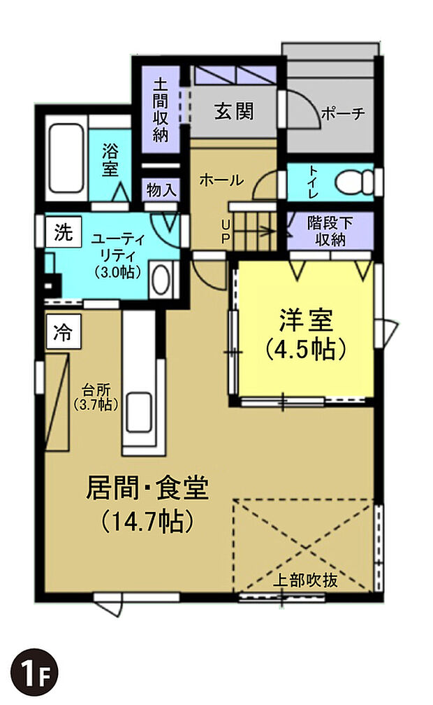 【【3号地 建築プラン例】】建物面積：106.00m2
建物代金：2630万円(税込)
※杭工事、分水工事、諸費用別途
※設計プランの参考一例であって、当該プランの採用可否は任意です。