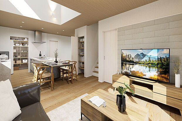 【1号地：LDK】家族と自然と顔を合わせることができるリビング階段。開放感もあり家族の会話が弾む空間◎/1号地パース