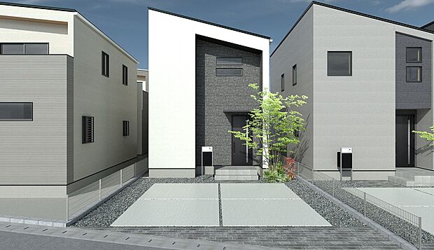【完成予想図／外観】No.3
家族の成長に合わせて、住まい方を柔軟に変えられる可変間取り付きが魅力。広めの土間収納の備え、子育て家族のこれからに寄り添う住まいとなっております。