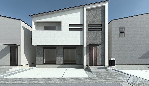 【完成予想図／No.2】並列3台駐車に対応したゆとりある住まい。2階はインナーバルコニーと家族の成長に合わせて使える可変間取りを採用しております。