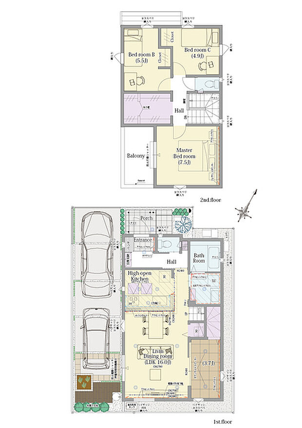 【4LDK】4LDK+ウォークインクロゼット+パントリー
■敷地面積:100.10m2(30.28坪)
■建物面積: 91.39m2(27.59坪)
■1階面積: 49.16m2(14.84坪)
■2階面積: 42.23m2(12.75坪)