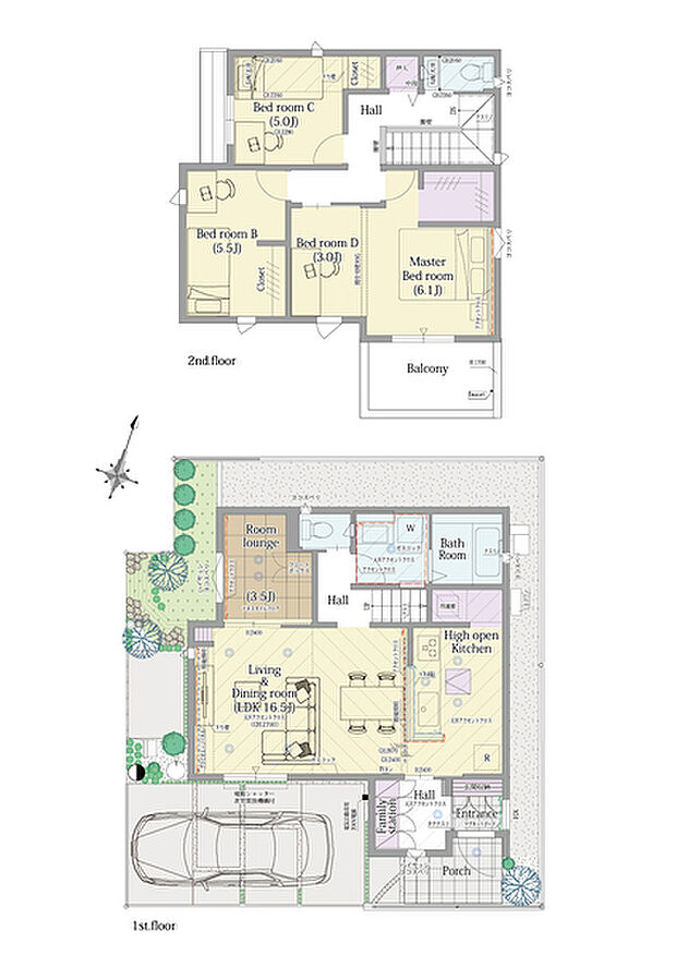 【4LDK】4LDK+ウォークインクロゼット+ファミリーステーション

■敷地面積：104.41m2(31.58坪)
■建物面積：  97.29m2(29.36坪)
■１階面積：  51.13m2(15.43坪)
■２階面積：  46.16m2(13.93坪)