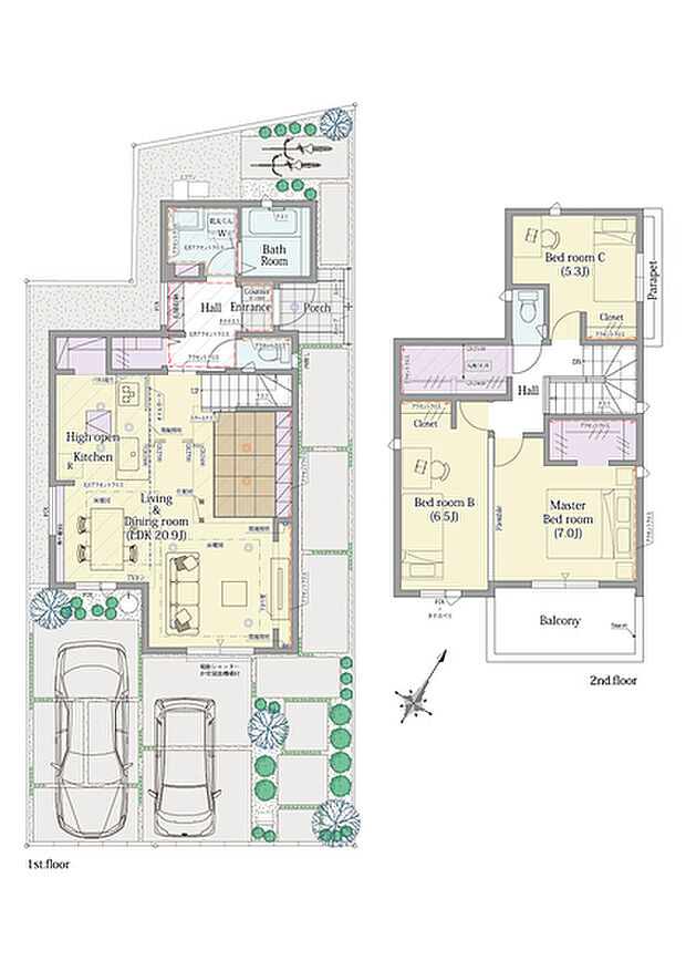 【3LDK】3LDK+ウォークインクロゼット+ファミリークロゼット+パントリー+お出かけ収納

■敷地面積：132.30m2(40.02坪)
■建物面積：  98.12m2(29.62坪)
■１階面積：  52.48m2(15.84坪)
■２階面積：  45.64m2(13.78坪)
