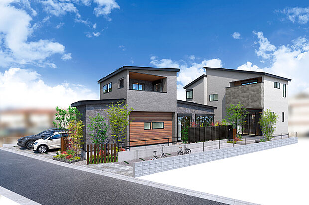 【ゆとりある敷地が叶える寛ぎの2邸】ゆとりある敷地を活かした2邸のプラン。1号棟は主寝室を1階に配置した半平屋スタイルのプラン。2号棟は吹き抜けを設けて開放感あるプラン。