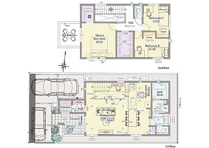 3LDK+ファミリークロゼット+ウォークインクロゼット+テラス

■敷地面積：110.09m2(33.30坪)
■建物面積：100.81m2(29.50坪)
■１階面積：  54.03m2(15.37坪)
■２階面積：  46.78m2(14.12坪)
 