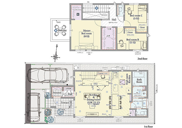【3LDK】3LDK+ファミリークロゼット+ウォークインクロゼット+テラス

■敷地面積：110.09m2(33.30坪)
■建物面積：100.81m2(29.50坪)
■１階面積：  54.03m2(15.37坪)
■２階面積：  46.78m2(14.12坪)
