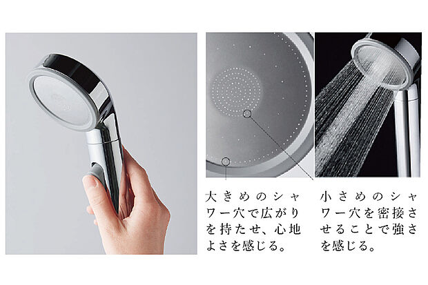 【W水流シャワー】シャワー穴の加工を工夫をすることで、シャワーの強さや心地よさはそのままで、節水を実現しました。また、散水板にステンレスを採用し、上質感にこだわりました。