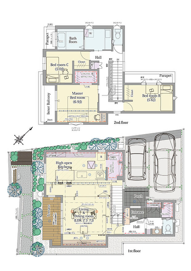 【3LDK】3LDK+ウォークインクロゼット+テラス+シューズクローク+パントリー

■敷地面積：123.78m2(37.44坪)
■建物面積：106.12m2(31.64坪)