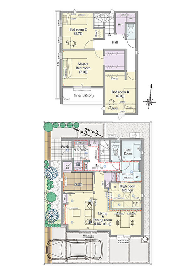 【3LDK】4LDK+ウォークインクロゼット+パントリー+納戸

■敷地面積：110.10m2(33.30坪)
■建物面積：103.92m2(29.87坪)
■１階面積：  52.17m2(15.75坪)
■２階面積：  51.75m2(14.12坪)