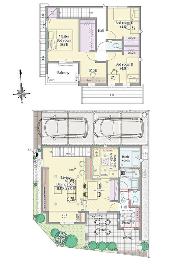 【3LDK】3LDK+テラス+書斎コーナー+ウォークインクロゼット+パントリー

■敷地面積：110.10m2(33.30坪)
■建物面積：103.66m2(28.50坪)
■１階面積：  56.35m2(15.13坪)
■２階面積：  47.31m2(13.37坪)