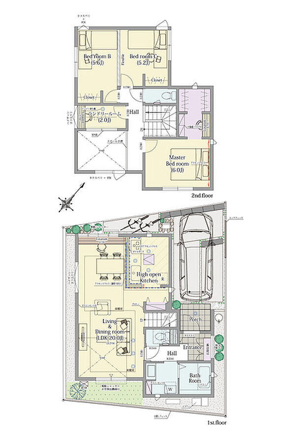 【3LDK(2LDK対応可※有料オプション)】3LDK(2LDK対応可※有料オプション)+ランドリースペース+ウォークインクロゼット+パントリー

■敷地面積：91.65m2(27.72坪)
■建物面積：94.39m2(28.49坪)
■１階面積：48.23m2(14.56坪)
■２階面積：46.16m2(13.93坪)