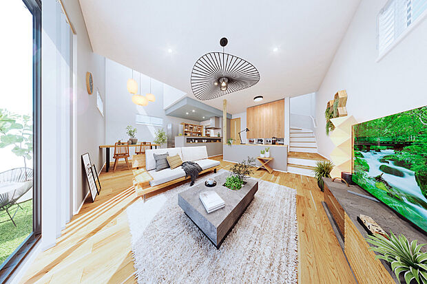 【4号棟内観パース】室内に明るさと開放感をもたらし、空を感じられる吹抜けを全邸に採用。
縦の広がりと陽光が注ぐリビングにつながる2スタイルの＋α空間や適材適所の収納空間のほか、子どもの自主性を育むファミリーステーション